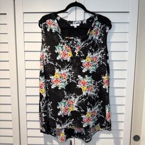 DR2 Floral Sleeveless Blouse XL Black Pink Yellow Eyelet Lace High Low Yoke